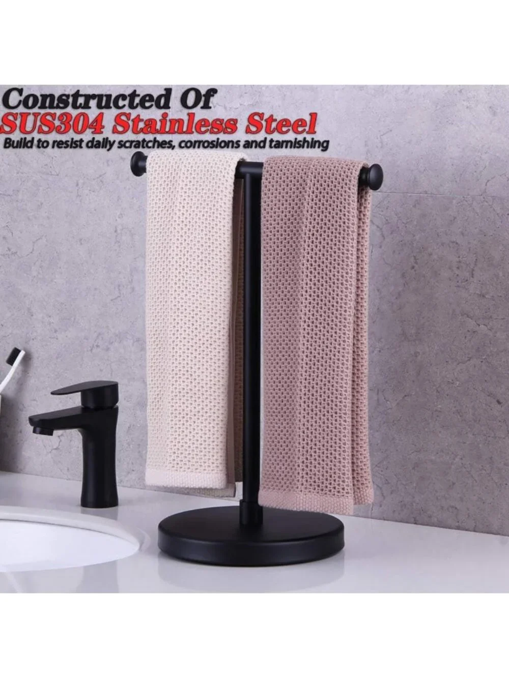 Matte Black Stainless Steel Hand Towel Holder Tree Rack for Bathroom Countertop